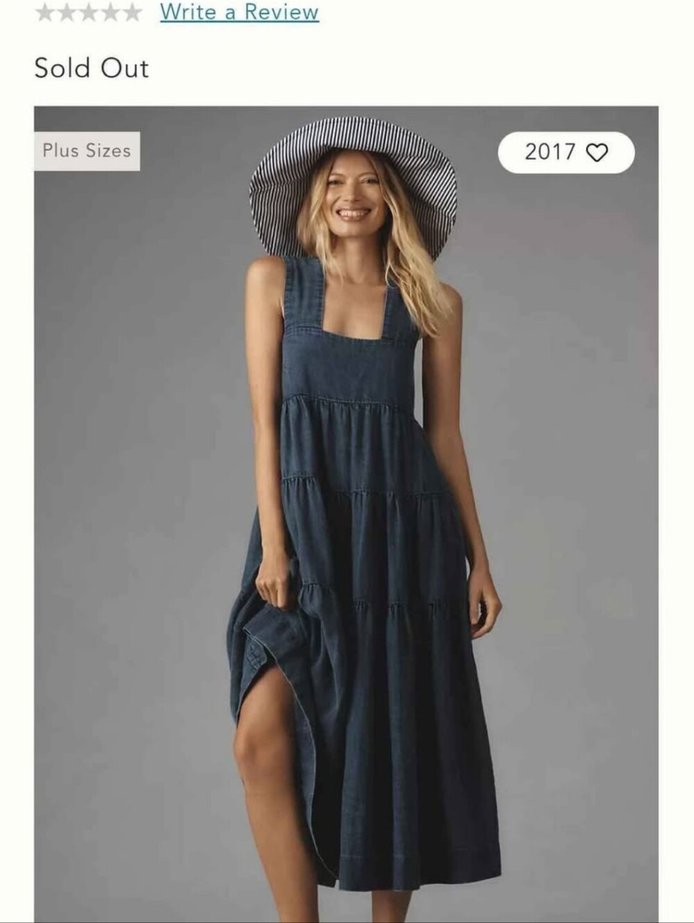 Anthropologie Helena Square-Neck Tiered Denim Midi Dress Size Small